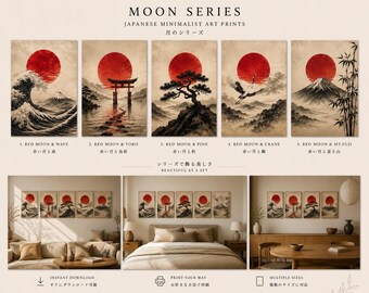 Red Moon Series Set of 5 – Japanese Wall Art Collection, Japandi Decor, Zen Gallery Wall Prints, Minimalist Digital Download