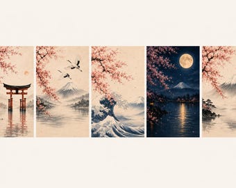 Sakura Series Set of 5 – Japanese Zen Wall Art Collection | Japandi Decor | Cherry Blossom Digital Prints | Minimalist Japanese Art