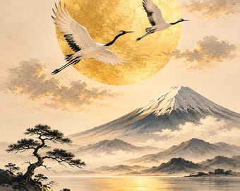 Golden Moon & Crane – Japanese Zen Wall Art Print, Japandi Decor, Minimalist Sumi-e Bird Poster, Wabi Sabi Digital Download