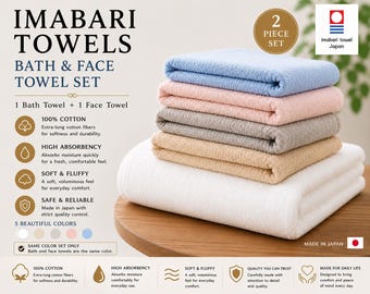 Imabari Bath and Face Towel Set, Japanese Cotton Towels, 2 Piece Set, Soft & Absorbent, Made in Japan