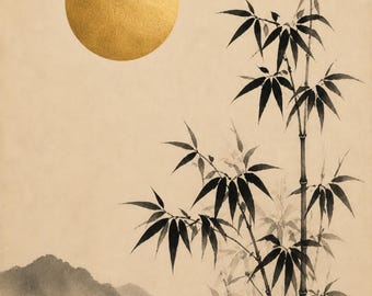 Golden Moon & Bamboo Print – Japanese Zen Wall Art, Minimalist Japandi Decor, Sumi-e Style Poster, Wabi Sabi Digital Download