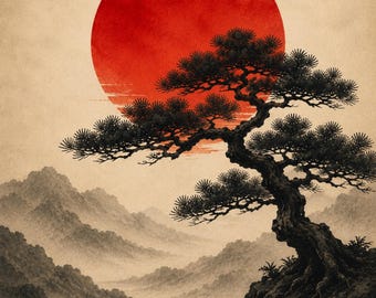 Red Moon & Pine Tree – Japanese Wall Art Print, Japandi Decor, Zen Landscape Poster, Minimalist Asian Art, Digital Download