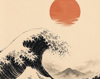 Japanese Wave Wall Art with Mount Fuji, Ukiyo-e Style Print, Vintage Japan Poster, Zen Decor, Digital Download