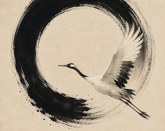 Enso & Crane Japanese Wall Art, Zen Sumi-e Print, Japandi Decor, Wabi Sabi Digital Download
