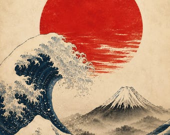 Red Moon & Wave Print – Japanese Wall Art, Ukiyo-e Inspired Ocean Poster, Japandi Decor, Minimalist Zen Digital Download