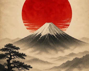 Red Moon & Mount Fuji – Japanese Wall Art Print, Japandi Decor, Zen Landscape Poster, Minimalist Asian Art, Digital Download