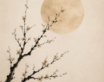 Japanese Moon Wall Art Printable, Zen Sakura Branch Print, Japandi Decor, Minimalist Wabi Sabi Poster, Neutral Japanese Art Download