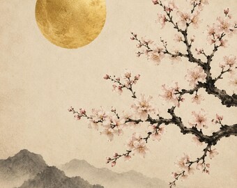 Golden Moon & Sakura Print – Japanese Wall Art, Minimalist Japandi Decor, Zen Cherry Blossom Poster, Wabi Sabi Digital Download