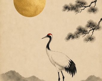 Golden Moon & Crane Print – Japanese Zen Wall Art, Minimalist Japandi Decor, Sumi-e Style Poster, Wabi Sabi Digital Download