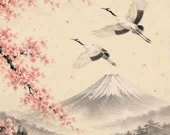 Sakura & Crane – Japanese Zen Wall Art Print | Japandi Decor | Cherry Blossom Landscape | Minimalist Japanese Art