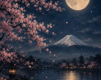 Moonlit Sakura – Japanese Zen Wall Art Print | Japandi Decor | Cherry Blossom Landscape | Minimalist Japanese Art