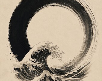 Enso & Wave – Japanese Zen Wall Art Print, Japandi Decor, Minimalist Sumi-e Ocean Poster, Wabi Sabi Digital Download