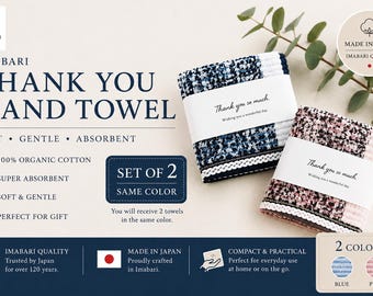 Imabari Thank You Hand Towel Set of 2 | Same Color Gift Set | Made in Japan Organic Cotton | Soft Hand Towels | Wedding Favor Teacher Gift