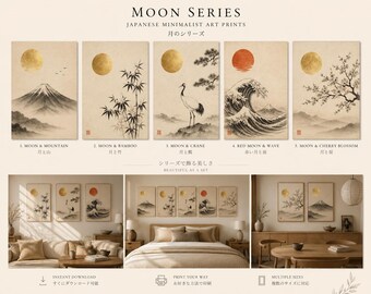Moon Series Set of 5 – Japanese Minimalist Wall Art Collection, Japandi Decor, Zen Gallery Wall, Digital Download