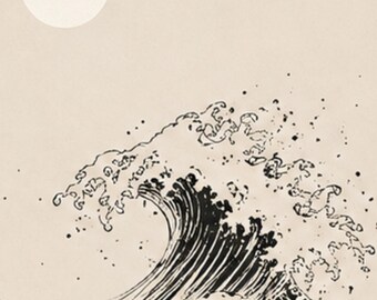 Japanese Wave and Sun Wall Art Printable, Zen Minimalist Japan Poster, Wabi Sabi Decor, Neutral Aesthetic Print