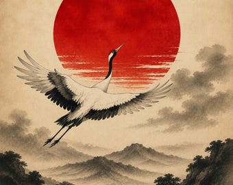 Red Moon & Crane – Japanese Wall Art Print, Japandi Decor, Zen Bird Poster, Minimalist Asian Art, Digital Download