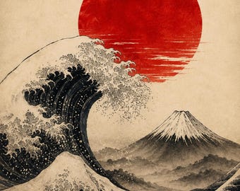 Red Moon & Wave – Japanese Wall Art Print, Japandi Decor, Printable Ukiyo-e Inspired Ocean Art, Minimal Zen Poster, Digital Download