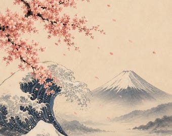 Sakura & Wave – Japanese Zen Wall Art Print | Japandi Decor | Cherry Blossom Landscape | Minimalist Japanese Art