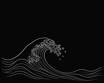 Black Japanese Wave Printable Art, Modern Zen Wall Decor, Minimalist Dark Aesthetic Poster, Japan Ocean Print
