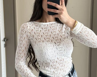 Romantic White Floral Lace Long Sleeve Top, Sheer Lace Blouse for Women, Cottagecore Aesthetic Shirt, Bridal Shower Outfit, Elegant Boat