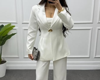 White Bridal Suit for Civil Wedding, Luxury Tailored Blazer Set, Modern Business Suit for Women, Minimalist White Trouser Set