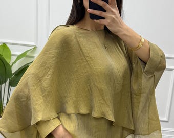 Olijfgroene zijden ponchoblouse van chiffon - gelaagde asymmetrische tule - transparante oversized bohotuniek - elegante avondjurk - lagenlook
