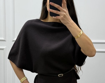 Gebreide top met vleermuismouwen, blouse met boothals, ruimvallend minimalistisch shirt