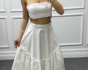 White Cotton Skirt Set, 2 Piece Crop Top and Maxi Skirt, Exclusive Design Boho Outfit, Elegant Summer Set, Poplin, Gift for Her