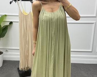 Botergroene geplooide maxi-jurk, vloeiende chiffon lange avondjurk, speciaal ontwerp gelegenheidsjurk, elegante boho-jurk, citroen, cadeau voor haar