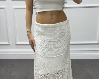 Witte kanten maxirok, volledig gehaakte bohorok, exclusief design kanten onderkant, elegante zomerrok, outfit bruiloftsgast, cadeau voor haar