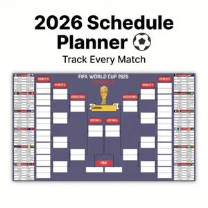 Calendario imprimible del Mundial 2026, seguimiento del cuadro de eliminatorias de fútbol, cartel mural todo en uno, descarga instantánea.