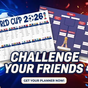 Puede incluir: Imagen promocional de la Copa del Mundo 2026, con un calendario y un cuadro de torneo. El texto "WORLD CUP 2026" se muestra de forma destacada. La frase "CHALLENGE YOUR FRIENDS" también es visible, junto con una llamada a la acción.