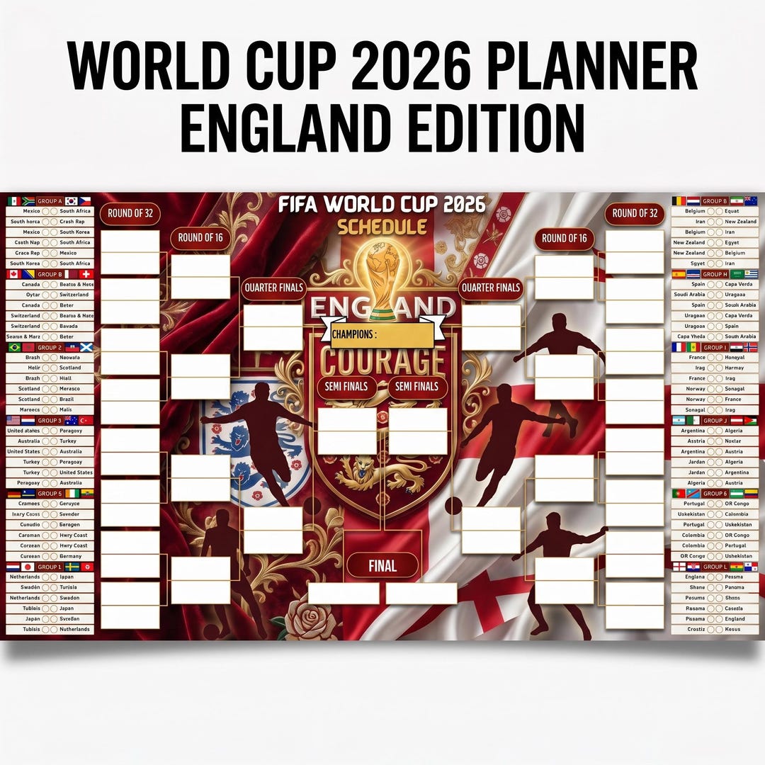 World Cup 2026 Planner England Edition, Printable Tournament Tracker