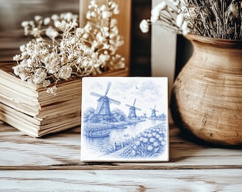 Windmühlenfliese in Delfter Blau | Landschaftsfliese aus den Niederlanden | Blau-weiße Holland-Dekoration | Tulpenkanal-Kunst | Traditionelles Geschenk aus den Niederlanden