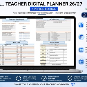 May include: A digital teacher planner for 2026-2027 displayed on a laptop screen. The interface includes a teacher dashboard, to-do list, task management, year view, and a 5-period daily planner. The layout features blue and white sections.