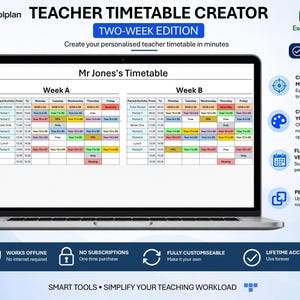 May include: A laptop screen displaying a Teacher Timetable Creator Excel template for a two-week schedule. The interface shows a grid with columns for days of the week and rows for periods, featuring color-coded cells for various classes and activities.