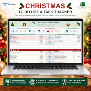 May include: A digital Christmas to-do list and task tracker displayed on a laptop screen. The interface includes sections for workload, attention needed, festive progress, and a detailed task list with due dates, priorities, and notes.