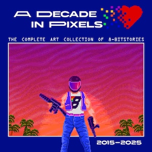Puede incluir: Una obra de arte digital titulada "A Decade in Pixels" con el texto "The Complete Art Collection of 8-BitStories" y los años 2015-2025. La obra presenta una figura pixelada con casco y un logotipo arcoíris.