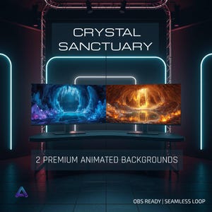 Könnte beinhalten: Zwei Computermonitore, die animierte Hintergründe anzeigen. Die Monitore stehen auf einem dunklen Schreibtisch in einem neonbeleuchteten Raum. Der Text "CRYSTAL SANCTUARY" steht über den Monitoren. Darunter steht "2 PREMIUM ANIMATED BACKGROUNDS".