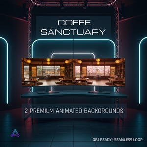 May include: A digital display featuring the text "COFFE SANCTUARY" and "2 PREMIUM ANIMATED BACKGROUNDS." The display shows two Japanese-style rooms with tables and lanterns. The background is a dark blue with neon lights.