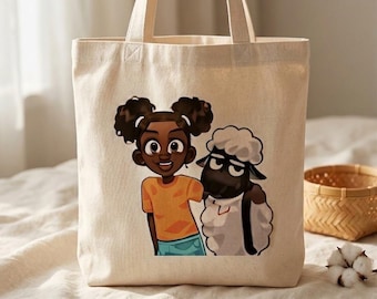 Cute Cartoon Girl and Grumpy Black Sheep Canvas Tote Bag Aesthetic Eco Friendly Reusable Grocery Shopping Bag Birthday Gift for Her Unique