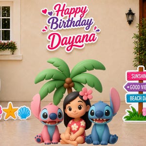 May include: A birthday party decoration set featuring a sign that reads Happy Birthday Dayana, a pink surfboard, a palm tree, a girl character, a pink alien, a blue alien, and a signpost with the text Sunshine, Good Vibes, and Beach Days.