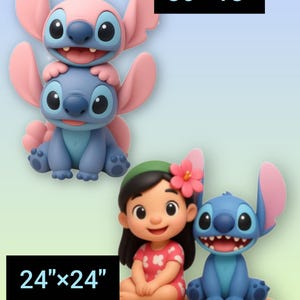 May include: Two sets of cartoon character figures. The top set features a pink Stitch sitting on a blue Stitch, labelled 36"x18". The bottom set shows a girl with a pink flower in her hair sitting next to a blue Stitch, labelled 24"x24".