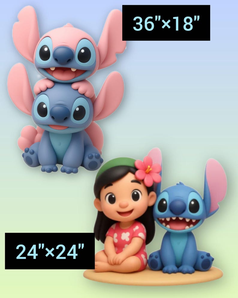May include: Two sets of cartoon character figures. The top set features a pink Stitch sitting on a blue Stitch, labelled 36"x18". The bottom set shows a girl with a pink flower in her hair sitting next to a blue Stitch, labelled 24"x24".