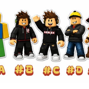 May include: Five Roblox character figures labeled #A through #E. Figure A is a yellow-headed blocky character. Figures B and C are brown-haired characters in black hoodies. Figure D wears a yellow cap. Figure E is a pirate with a skull hat.