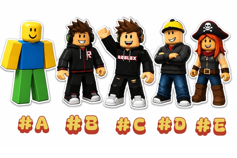 May include: Five Roblox character figures labeled #A through #E. Figure A is a yellow-headed blocky character. Figures B and C are brown-haired characters in black hoodies. Figure D wears a yellow cap. Figure E is a pirate with a skull hat.