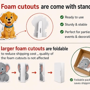 May include: Foam cutouts featuring a cartoon golden puppy with a blue collar and a grey elephant. The puppy cutout includes a rear stand. The elephant cutout demonstrates a folding mechanism for packaging, shown inside a brown cardboard box.