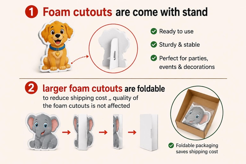 May include: Foam cutouts featuring a cartoon golden puppy with a blue collar and a grey elephant. The puppy cutout includes a rear stand. The elephant cutout demonstrates a folding mechanism for packaging, shown inside a brown cardboard box.