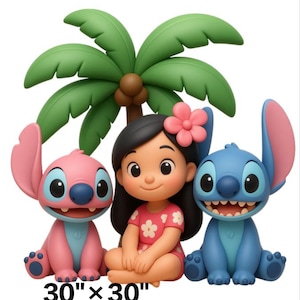 May include: A decorative wall art piece featuring a cartoon girl with black hair and a pink flower, flanked by a pink alien character and a blue alien character, all positioned in front of a green palm tree, with the text 30" x 30" printed below.