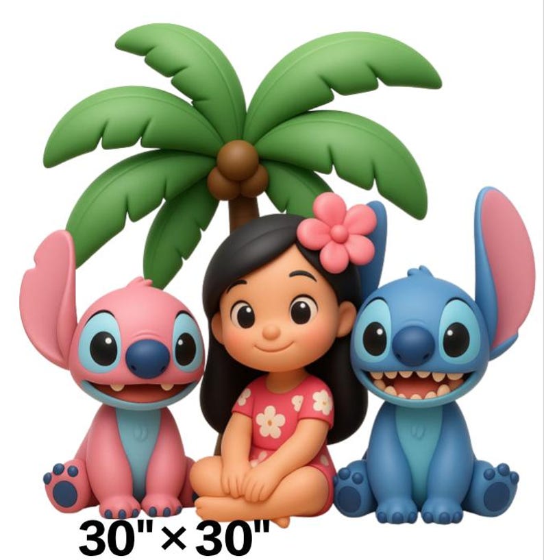 May include: A decorative wall art piece featuring a cartoon girl with black hair and a pink flower, flanked by a pink alien character and a blue alien character, all positioned in front of a green palm tree, with the text 30" x 30" printed below.